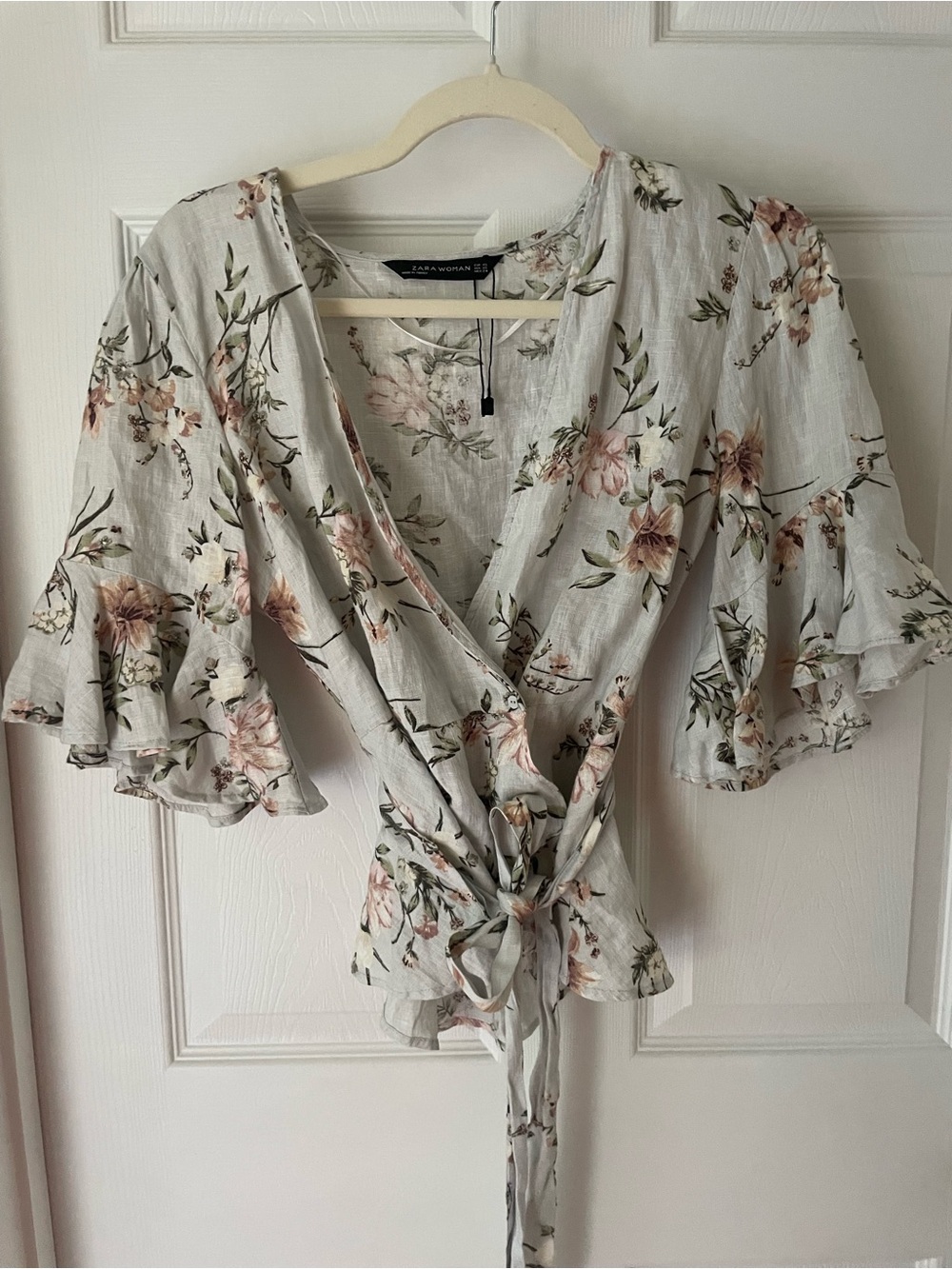 Zara Linen Wrap Top in Light Blue with Pink Blooms
